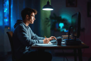 A student sitting at a desk, finishing homework, and then relaxing while watching a movie