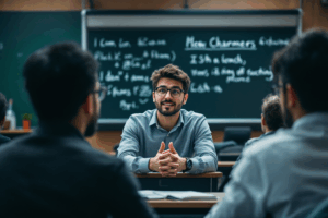 A classroom setting where the teacher calls on a student. 