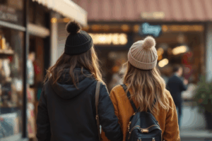 two friends, one being Rebecca and the other a person, walking toward a store