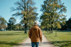 A person walking towards a park on a sunny afternoon