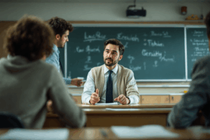 A classroom scene where a teacher is calling a student to the front