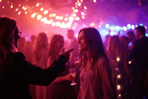 A person arriving at a lively party, being greeted by a friend who calls them over