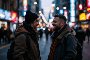 a busy street with two friends talking