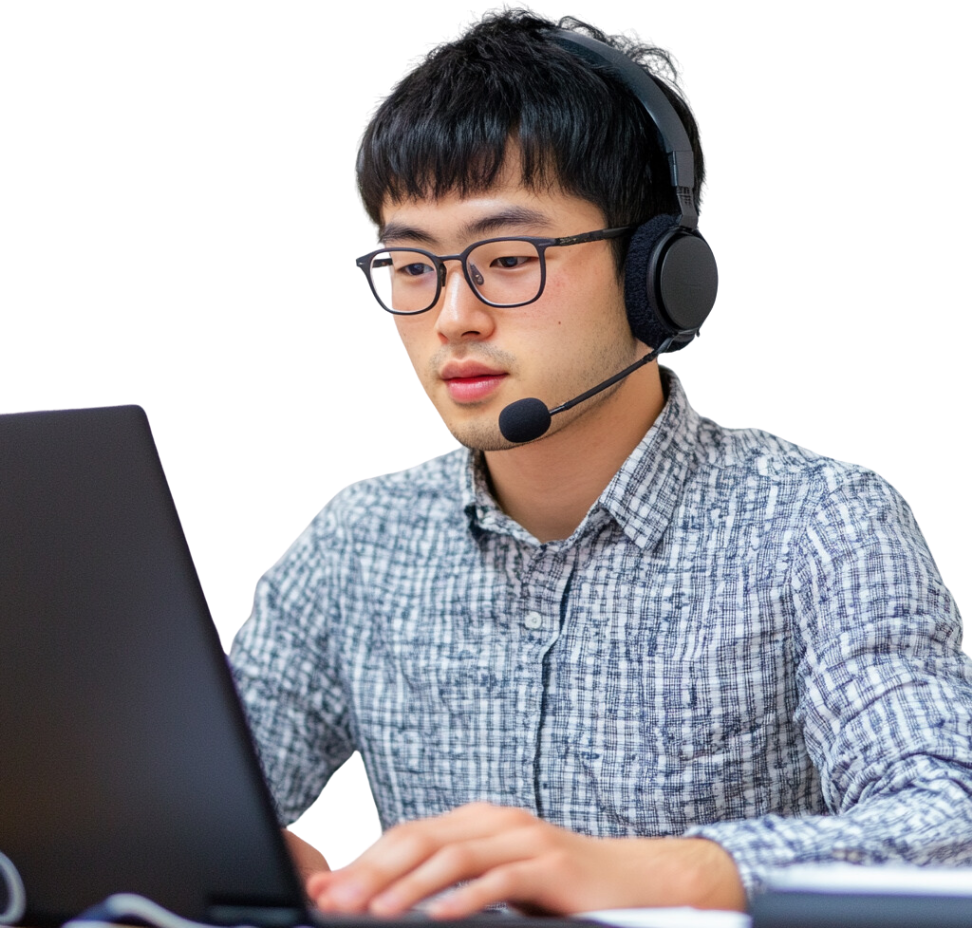 an asian business man studying online english business course