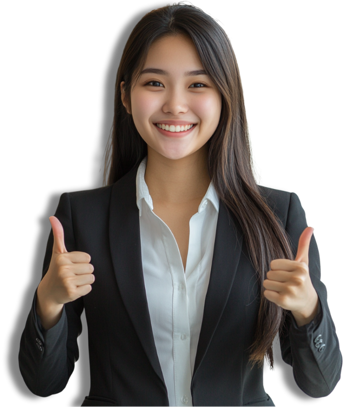 a woman smiling and doing thumbs up