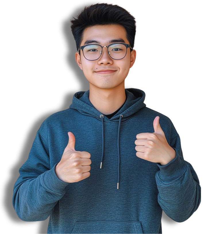 an asian man doing thumbs up