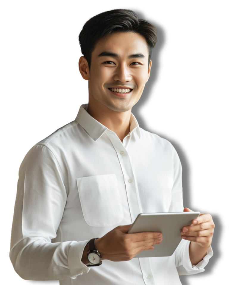 man smiling and holding a laptop