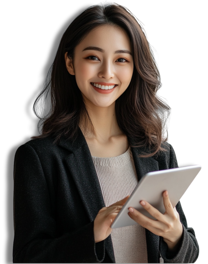 woman smiling and holding a tablet