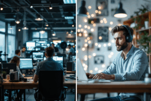 A split image showing two different scenarios: on one side, a person working at a desk in a large media production office with colleagues; on the other side, a freelancer working alone from a home studio