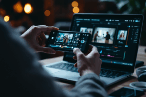 A social media content creator filming a short-form video on their phone while editing it on a laptop