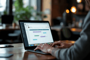 A young creative sitting at a co-working space with a laptop open to a project timeline