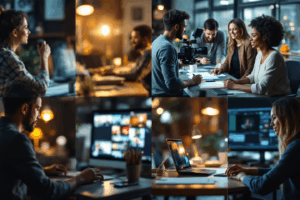 A collage of professionals from different fields—an educator recording a lesson, a marketing team filming a brand video, a news anchor prepping for a segment, and a YouTuber editing a vlog—demonstrating the wide range of industries seeking video editing skills.