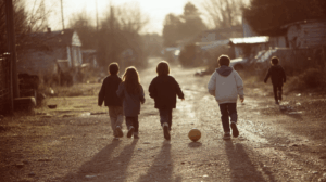 A group of kids walking home with a football in hand