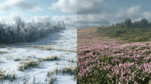 A split scene showing a snowy field turning into blooming flowers or greenery, representing climate change.