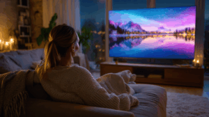A woman relaxing on a couch, watching a large TV screen in a cozy living room