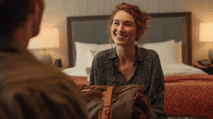 A woman with a travel bag sitting in a guest room, talking to someone warmly.