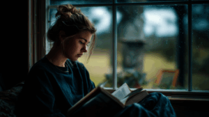 A young adult sitting by a window with a book open, deeply focused while reading