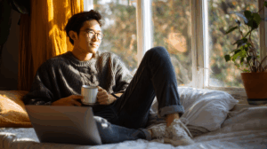 A young man in casual clothes lounging at home with a laptop closed and a coffee mug