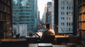 a person reading a book inside their office