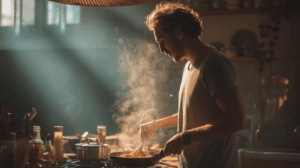 a young adult man cooking spicy food in the kitchen