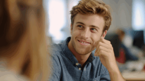 a young adult man talkng to his co-worker