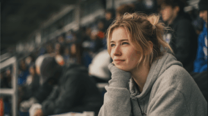 a young adult woman watching a football game in the bench