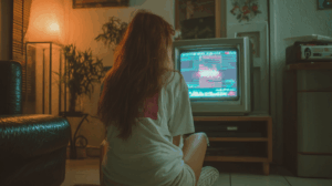 a young adult woman watching tv in her living room