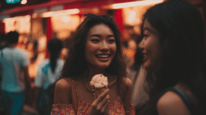 an asian woman eating ice cream with her friend