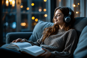 Create a cozy scene of a student sitting on a couch at night with headphones on and a book open on their lap