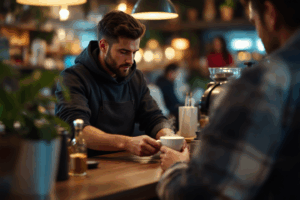 a scenario at a cafe where a customer is ordering a coffee
