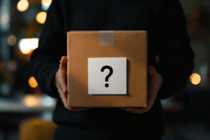 a person standing in front of a package with a question in mind about who to address it to