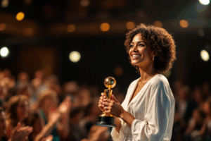  a woman respected individual, surrounded by others showing admiration or respect