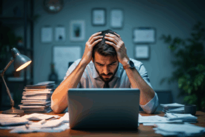 A professional sitting at a desk, overwhelmed by a pile of paperwork, missed deadlines, and a sense of frustration