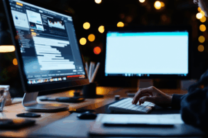 someone sitting in front of a computer, taking an online quiz