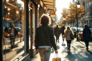 a person walking toward a store with a clear focus on the action of going to the store
