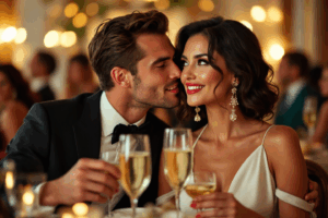 two people at a party, one asking the other whom they saw there