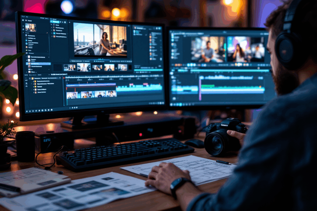 A creative workspace with dual monitors showing a video timeline and editing software