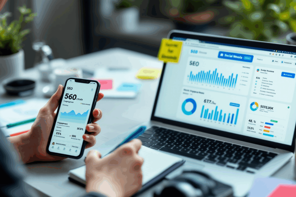 A modern digital workspace with a laptop showing charts, SEO tools, and social media dashboards.