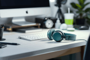 A clean, organized workspace with noise-canceling headphones on the desk, a tidy desktop, and a plant in the corner