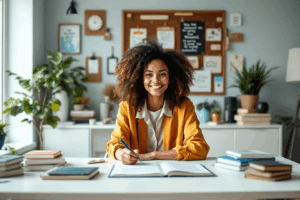 A focused individual sitting at a desk, surrounded by motivational books, a vision board, and a bright, welcoming workspace