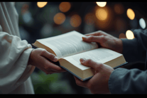 a person handing a book to another person