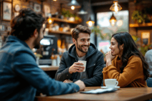 two language learners in a coffee shop having a conversation.