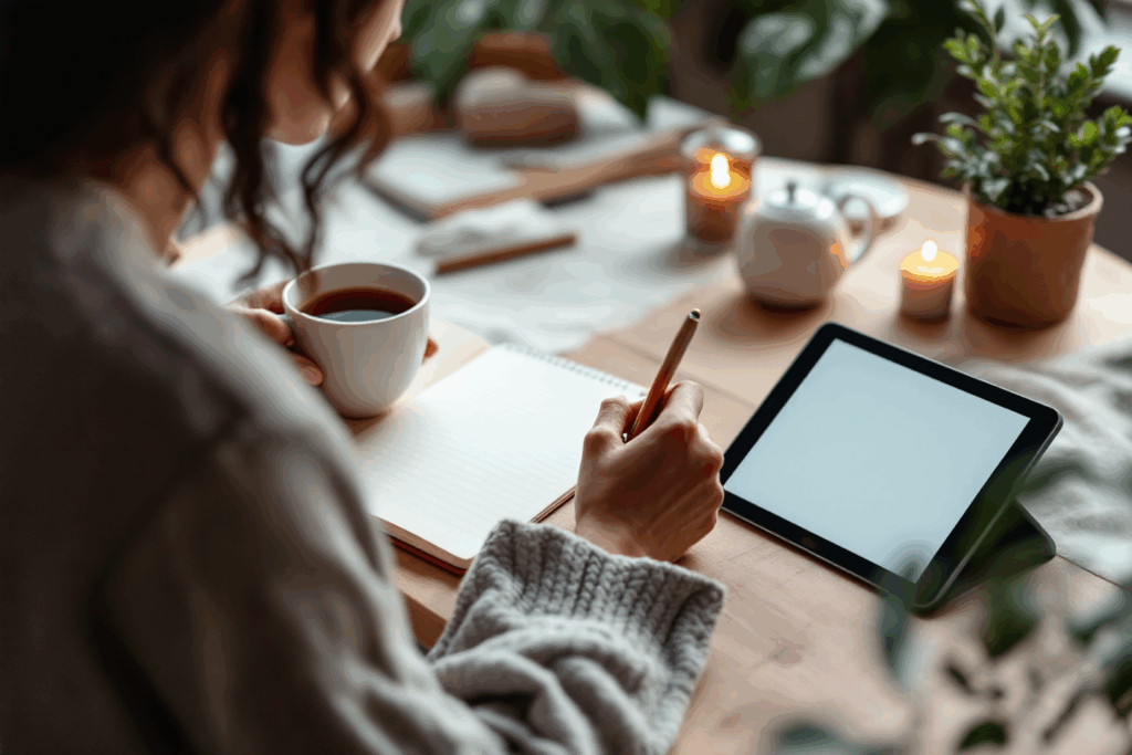 A peaceful indoor scene with soft lighting. A person is journaling while sipping tea, with self-care items like plants, candles, and an open mindfulness app on a tablet