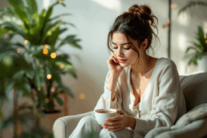 A person sitting in a calm, peaceful space with soft lighting, surrounded by elements like plants and a cup of tea, reflecting on their feelings 