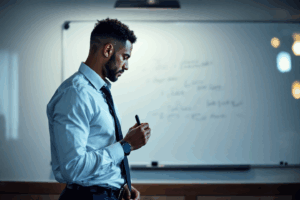 A business professional standing in front of a whiteboard, writing