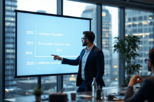 A business professional presenting a timeline of past events in a meeting
