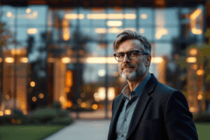 an architect or designer in front of a building they designed