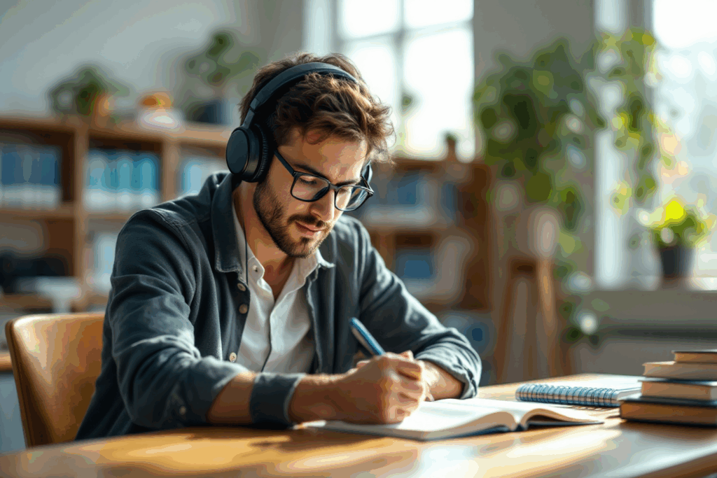A bright classroom or cozy study nook with a student reading aloud from a book, wearing headphones, and jotting notes.