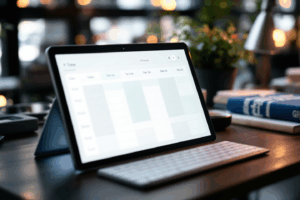 A desk organized with a time management tool like a digital planner, with clear time blocks marked for specific tasks