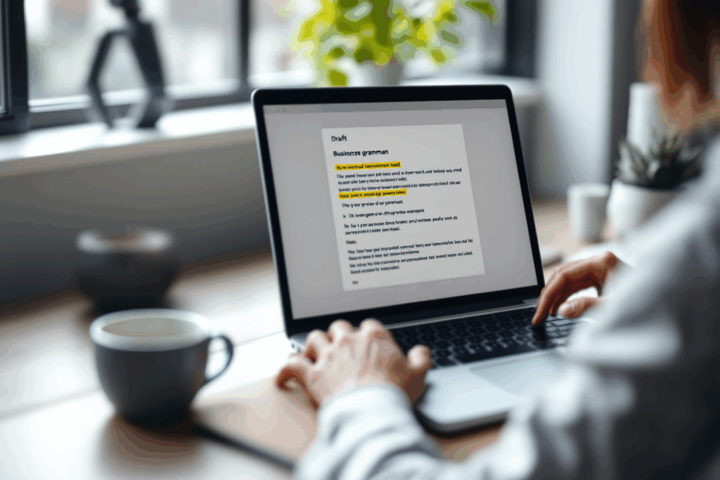 A professional office desk with a person typing on a laptop. Visible on screen is a business email draft with highlighted grammar tips.